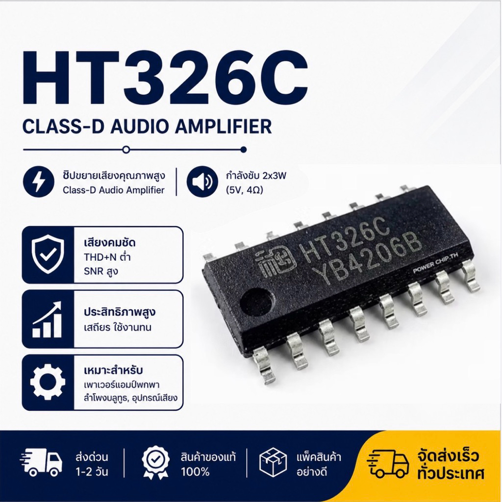HT326C ชิป Class‑D audio amplifier แบบสเตอริโอ (แพ็กเกจ ESOP‑16 หรือ SOP‑16)