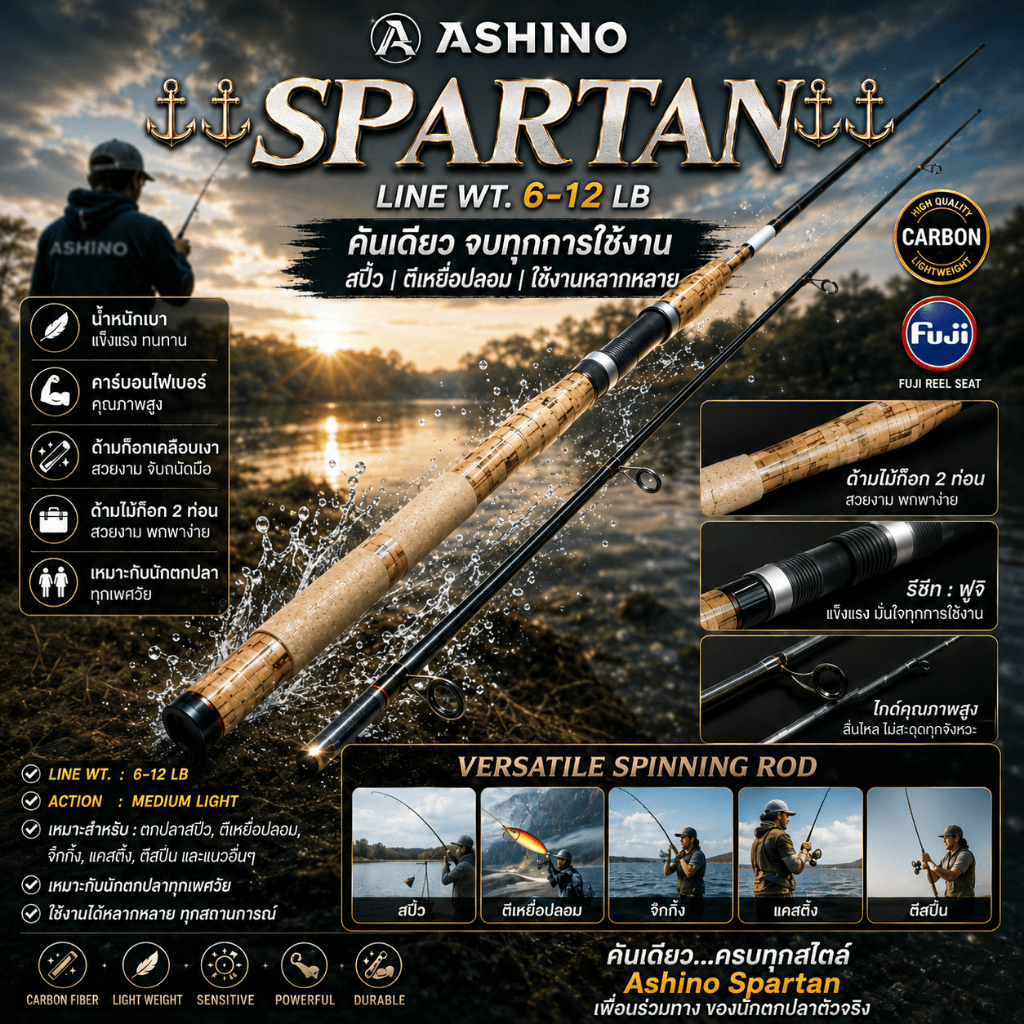 [ ของแท้ ]  คันเบ็ดตกปลา Ashino Spartan Line wt.6-12 lb เหมาะสำหรับตกสปิ๋ว ตีเหยื่อปลอม ใช้งานหลากหลาย Spinning