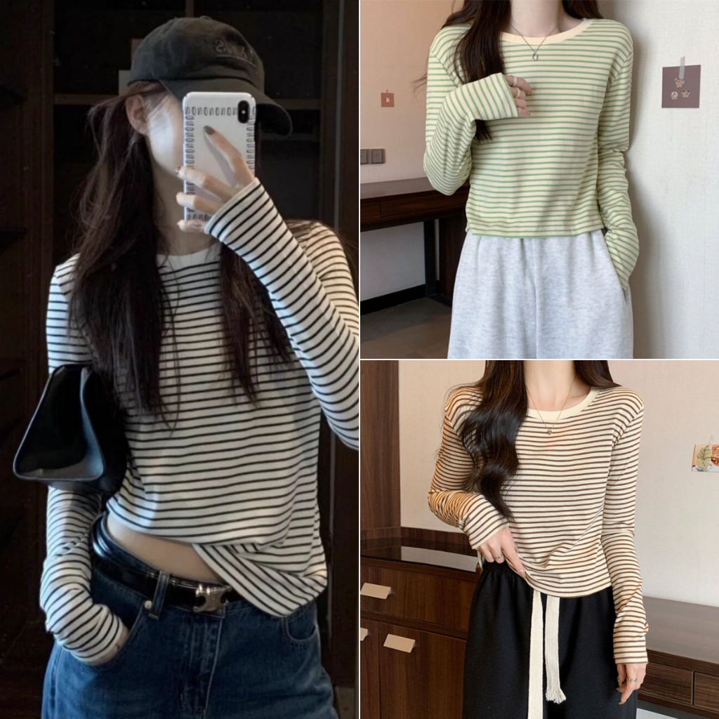 Bella shop เสื้อยืดแขนยาวคอกลมสำหรับผู้หญิง เสื้อยืดแขนยาวลายทางสไตล์เกาหลี ทรงเข้ารูปเรียบง่ายสไตล์ลำลอง
