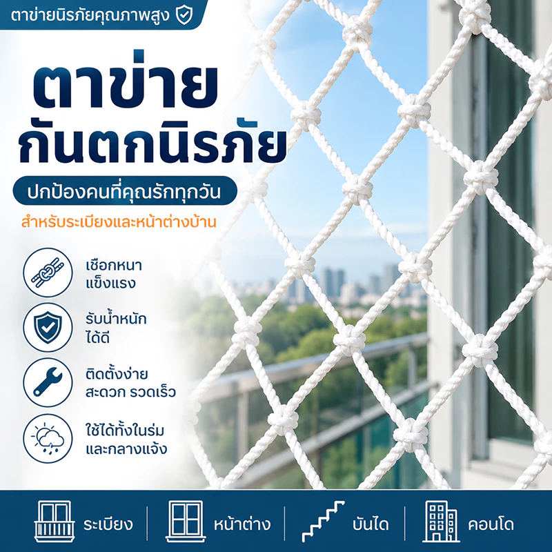 ตาข่ายกันตกอเนกประสงค์ ใช้ป้องกันการตกหล่นทั้งในงานก่อสร้างและสำหรับสัตว์เลี้ยง ตาข่าย 5 ซม. แข็งแรงทนทาน มีหลายขนาด