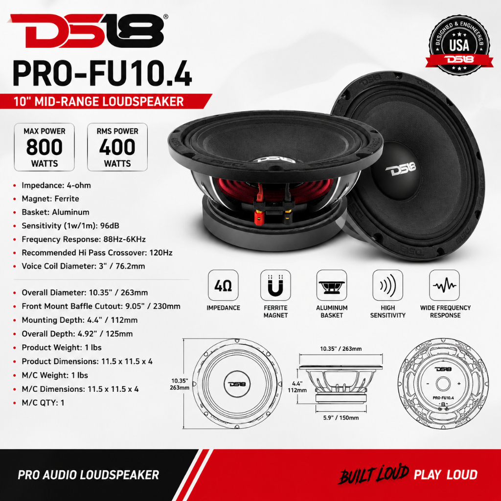 DS18 รุ่น PRO-FU10.4 ลำโพงรถยนต์ขนาด 10" Mid-Range Loudspeaker 400 Watts Rms 4-Ohm