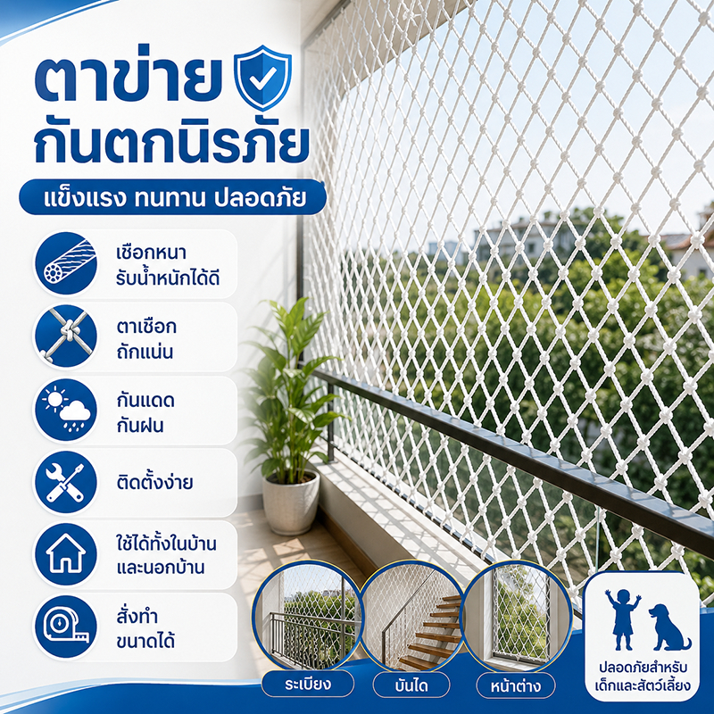 ตาข่ายกันตกงานก่อสร้าง เกรดพรีเมียม ขนาดตาข่าย 5 ซม. ทนทานต่อแรงกระแทก ใช้ครอบคลุมพื้นที่ก่อสร้างได้ทั่วถึง มีหลายขนาด