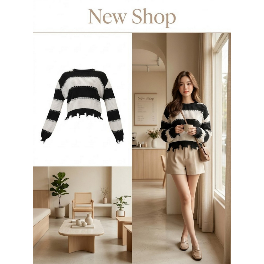 เสื้อไหมพรมลายขวาง คอกลม แขนยาว แต่งชายรุ่ย สีขาวดำ