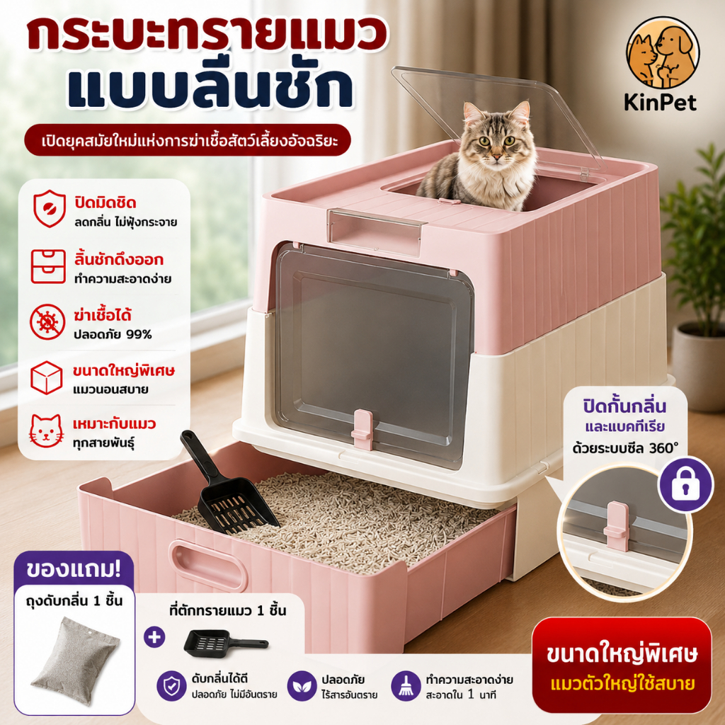 กระบะทรายแมวมีลิ้นชัก มีฝาปิด กันกลิ่น สีพาสเทล พร้อมที่ตักทราย แถมฟรีถุงดับกลิ่น ทำความสะอาดง่าย พื้นที่กว้าง จุดได้เยอ