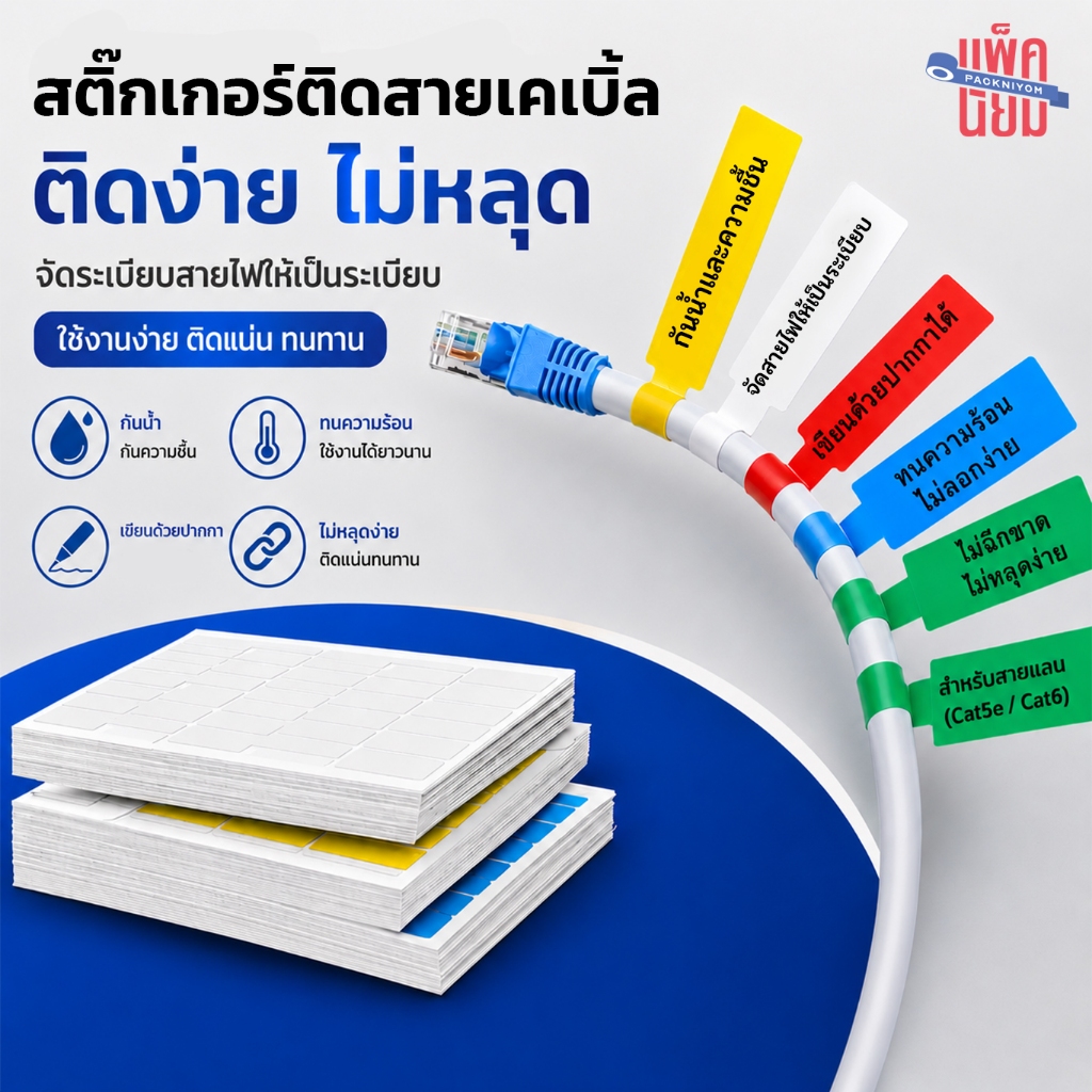 สติ๊กเกอร์ติดสายเคเบิล ติดสายไฟ กันน้ำ CableLabel  เขียนได้ด้วยปากกา หรือเครื่องพิมพ์เลเซอร์เท่านั้น ขนาด A4
