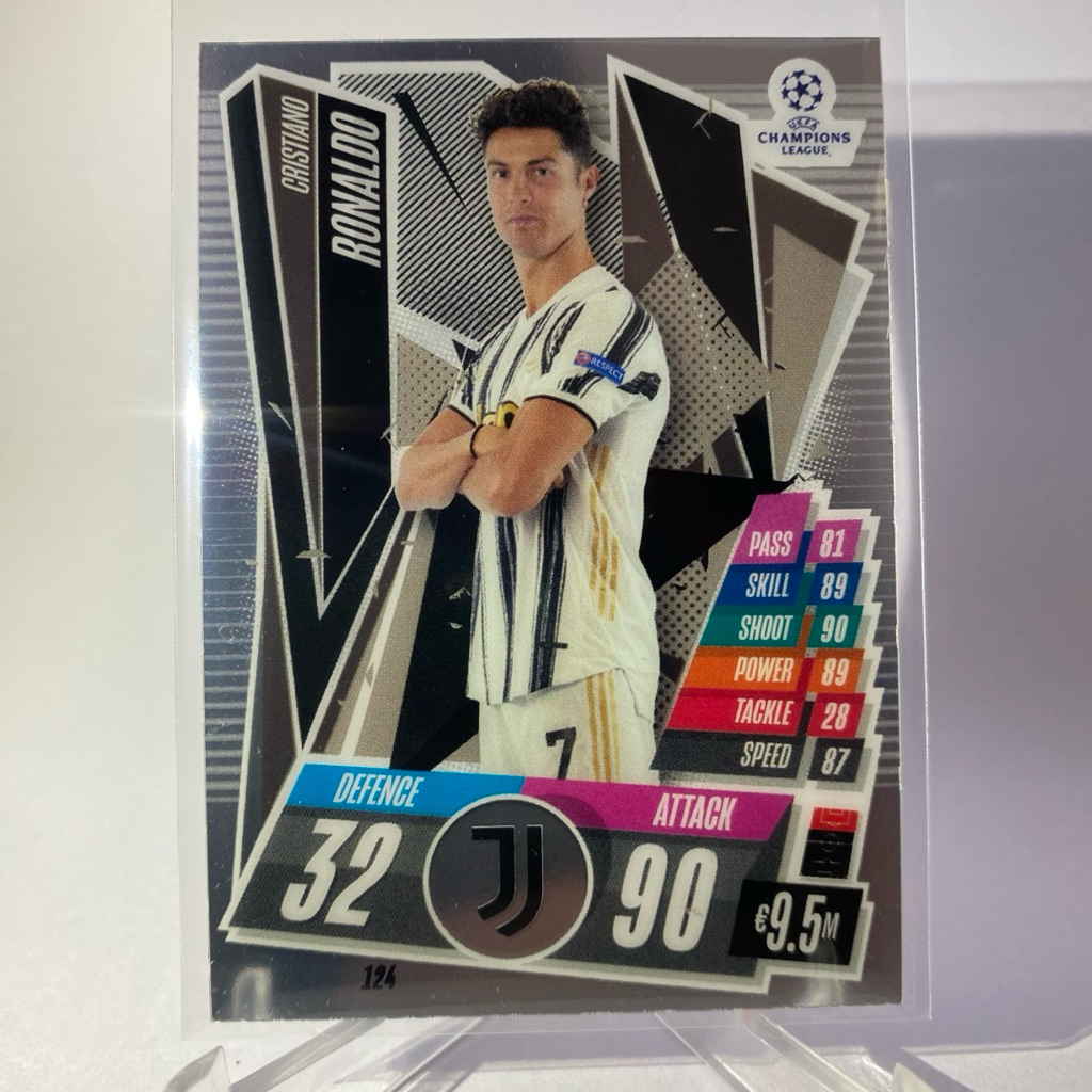 การ์ดนักฟุตบอล CRISTIANO RONALDO , CR7, JUVENTUS, (chrome card), TOPPS MATCH ATTAX, (ตำหนิมุมด้านหลั