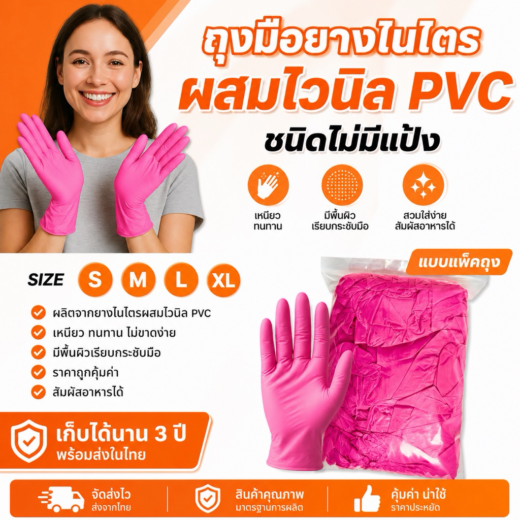 ถุงมือไนไตรไวนิล PVC สีชมพู (แบบแพ็คถุง) สัมผันอาหารได้ ไม่มีแป้ง ถุงมืออเนกประสงค์แบบหนา
