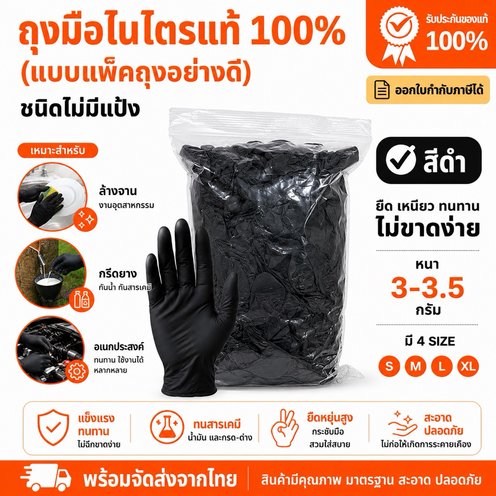 ถุงมือไนไตรแท้ ถุงมืออเนกประสงค์ สีดำ (แบบแพ็คถุงอย่างดี) ยืด เหนียว ทนทาน ไม่ขาดง่าย พร้อมส่ง