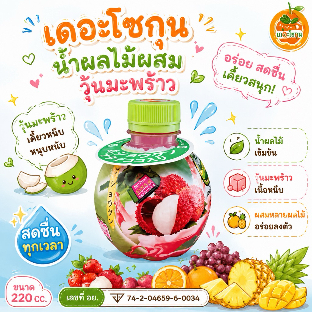 Flash Sale น้ำลิ้นจี่ผสมวุ้นมะพร้าว 1 ขวด ปริมาณ 220 มล. หวานอร่อย สดชื่น
