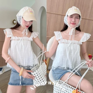 🔥aimorn_shop🔥 เสื้อสายเดี่ยวเจ้าหญิง ผูกโบว์ด้านหน้า แต่งขอบลูกไม้ งานผ้าโรซี่ ลายลูกไม้น่ารักๆ