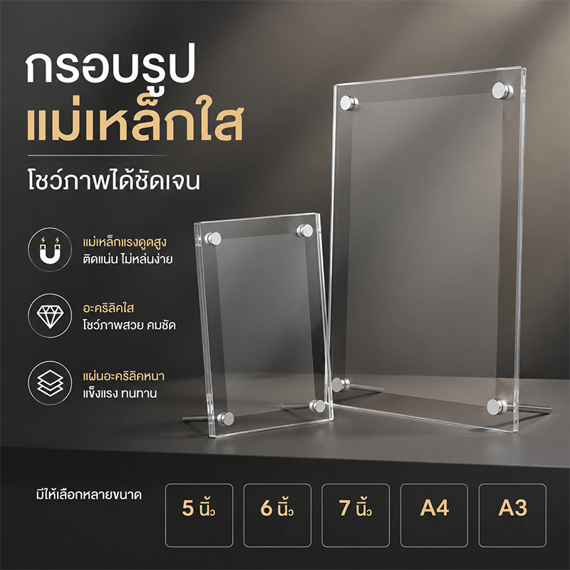 กรอบรูปอะคริลิคใส แบบน็อต/แม่เหล็ก มีขาตั้ง ตั้งได้ทั้งแนวตั้งและแนวนอน ขนาด A4 / A3 / 6 นิ้ว / 7 นิ้ว