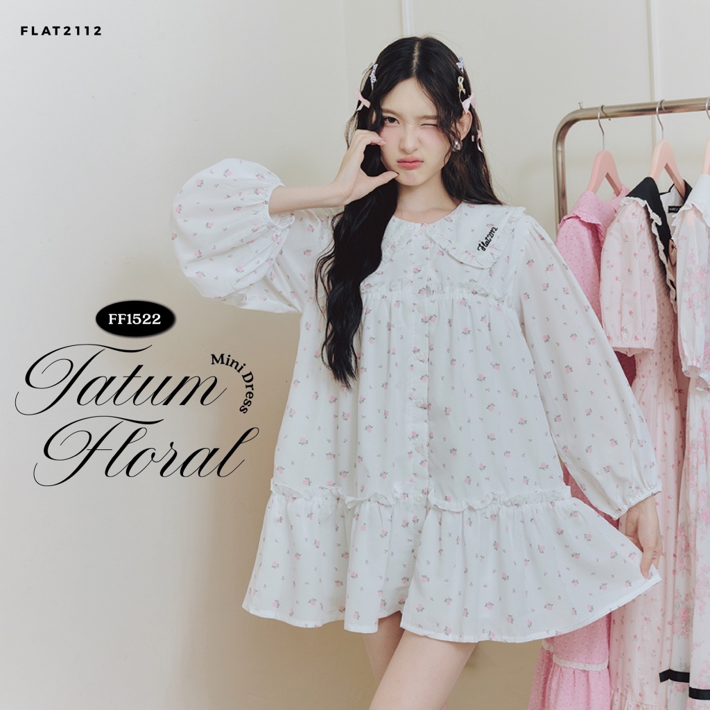 FLAT2112 : TATUM FLORAL MINI DRESS เดรสสั้นลายดอกสีขาว คอปก ใส่คาเฟ่น่ารัก เดรสวินเทจสไตล์เกาหลี โทนขาวละมุน (FF1522)
