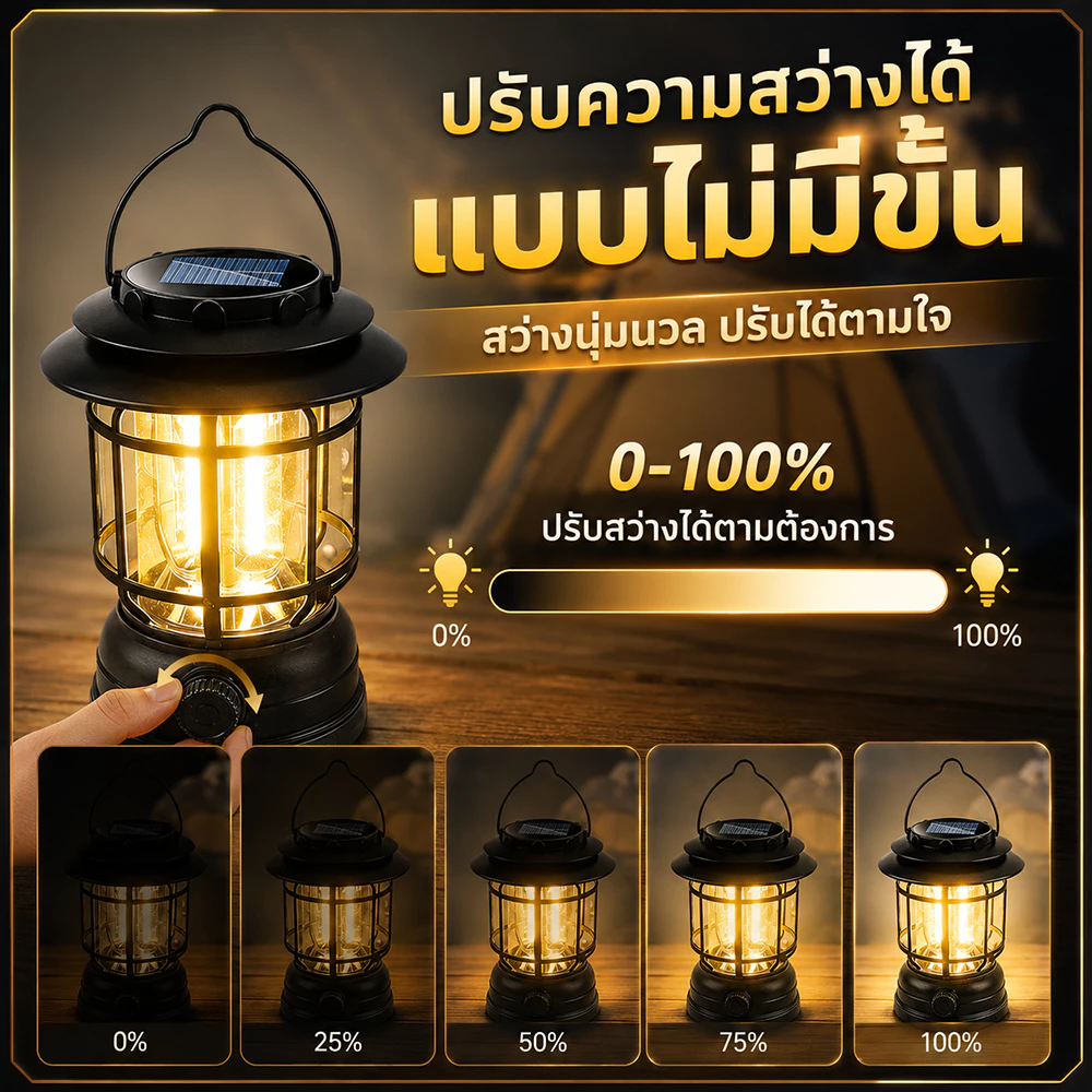 ไฟโซล่าเซลล์ ย้อนยุค ไฟตะเกียงแค้มปิ้ง แบบพกพา ชาร์จไฟได้ สําหรับตั้งแคมป์ เดินป่า Type-C ชาร์จ ปรับความสว่างเต็มรูปแบบ thumbnail 3