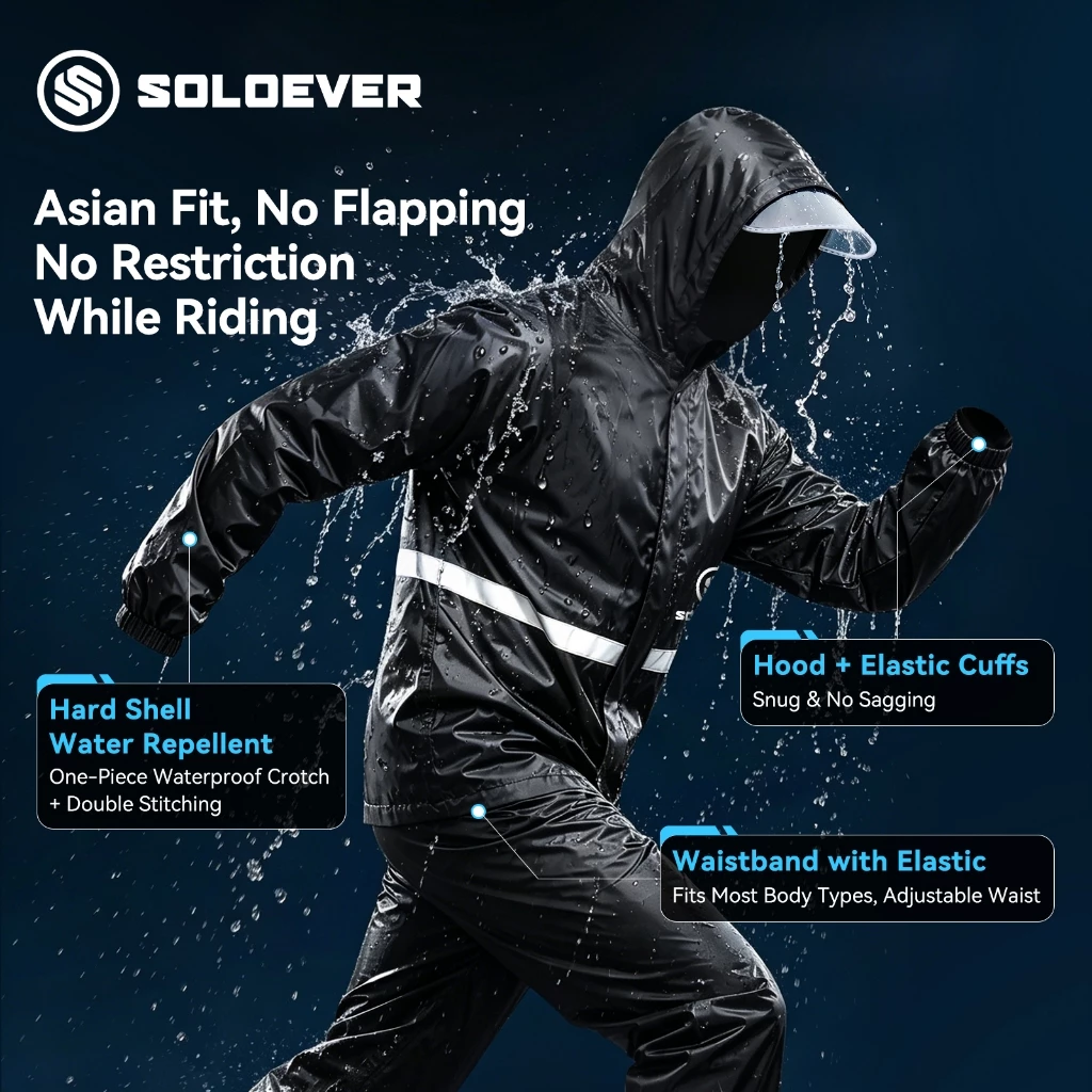 ​SOLOEVER เสื้อกันฝน 2ชิ้น กันน้ำ100% ฮู้ดปรับได้ เหมาะสำหรับขี่ ผู้ชาย ผู้หญิง สวมใส่สบาย ราคาพิเศษ thumbnail 9