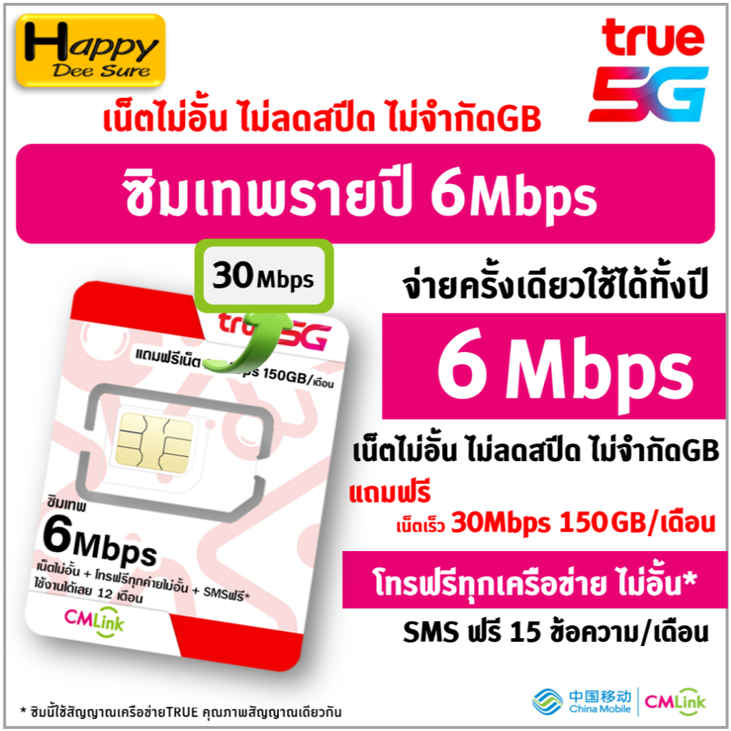 [ Set 2 ] ซิมเทพ ทรู TRUE cmlink เน็ตรายปี 30mbps 1ปี 100GB/เดือน โทรฟรีเครือข่าย* , เน็ต 6Mbps ไม่อ