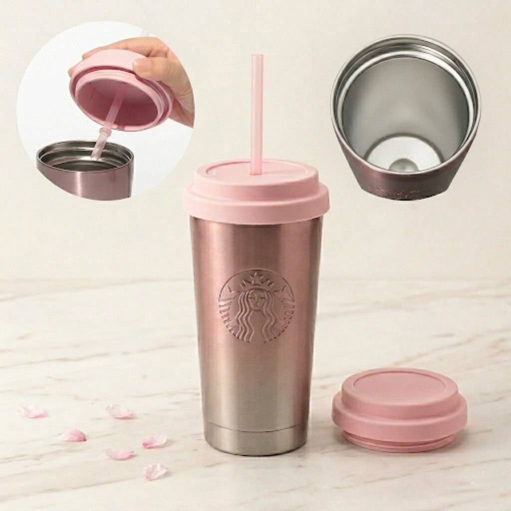 Starbucks Japan แก้วสแตนเลสพร้อมฝาปิดสำรอง สีชมพูไล่ระดับ 473 มล.