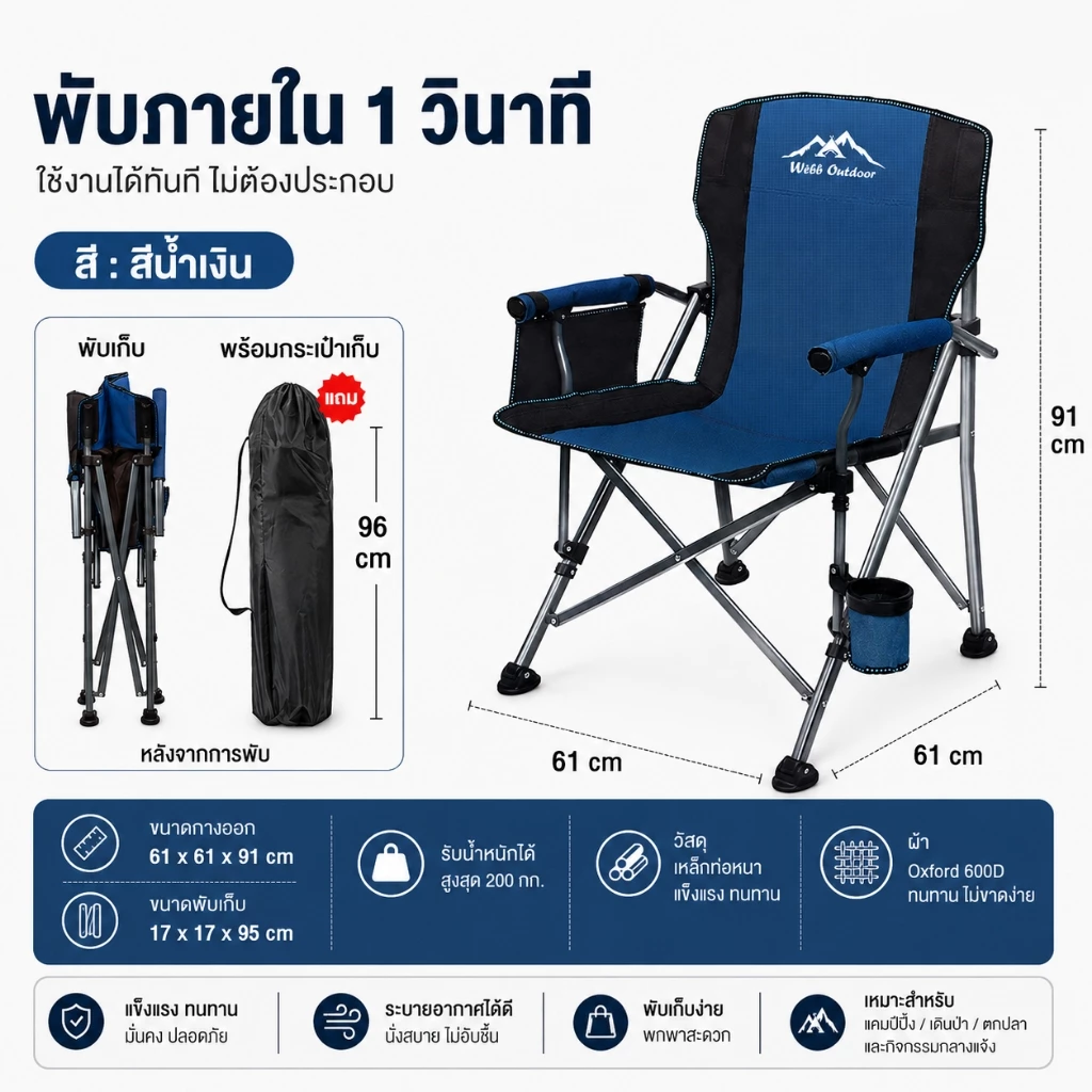 เก้าอี้แคมป์ปิ้ง เก้าอี้แคมป์ปิ้ง สามารถรับน้ำหนักได้ 200 กิโลกรัม เก้าอี้สนาม เก้าอี้พับพกพา thumbnail 3