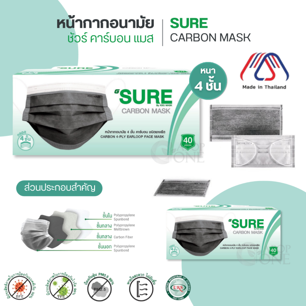 Sure Carbon Mask หน้ากากคาร์บอน ป้องกันสารพิษ หนา 4 ชั้น ผลิตในไทย มีอย.ปลอดภัย - 1 กล่อง 40ชิ้น