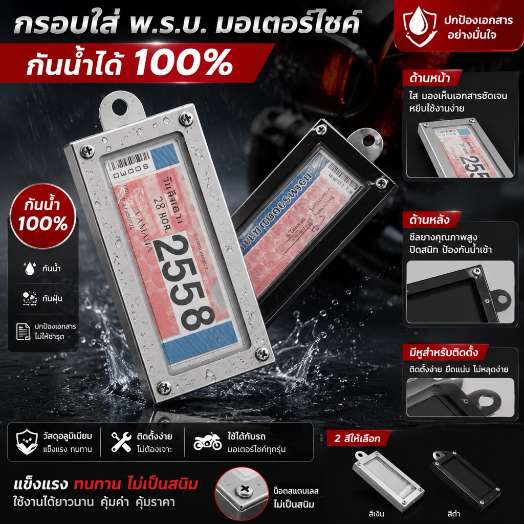 กรอบใส่ พ.ร.บ. มอเตอร์ไซค์ กันน้ำ 100% รุ่นมีหู ติดตั้งง่าย HIRO MOTOR PRO RACING