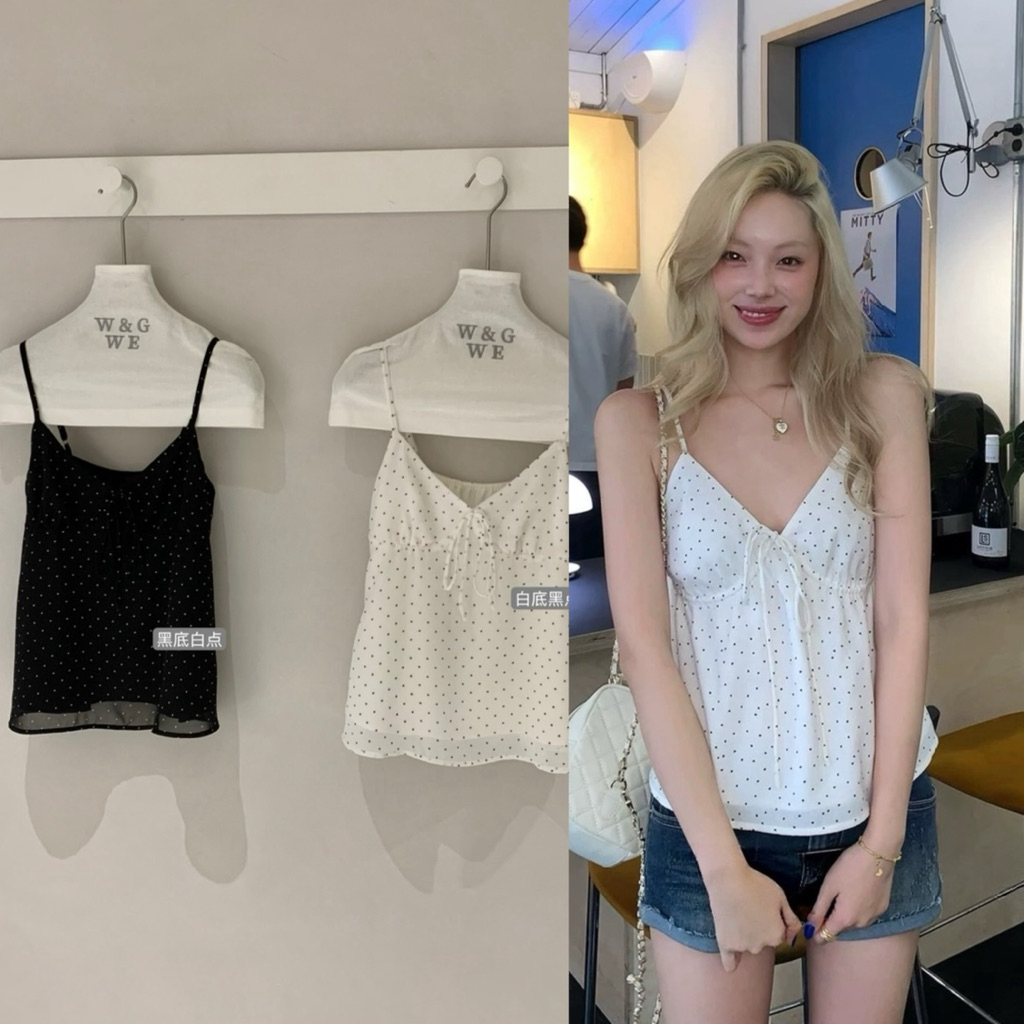 9701#เสื้อสายเดี่ยวลาย polka dot หลังสมอค สายปรับได้ เนื้อผ้าดี งานสวย TAG:WG.WE 🇰🇷