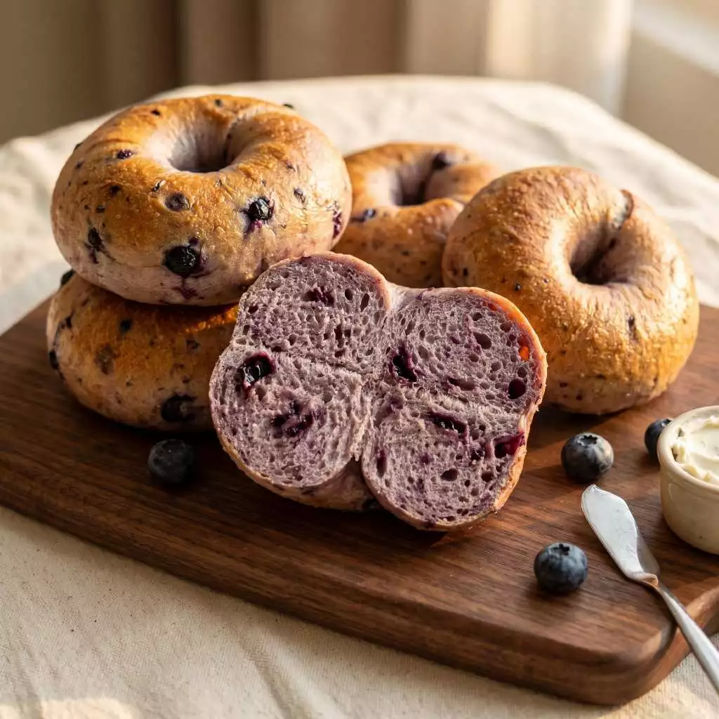 Blueberry Bagel ขนมปังเบเกิล Homemade Bagel เนื้อหนึบ 5 ชิ้น ทำใหม่ทุกออเดอร์ พร้อมส่งทุกวัน