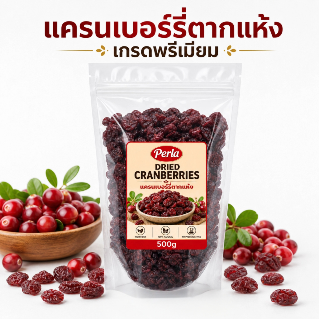 Perla แครนเบอร์รี่ตากแห้ง 100% | ไม่เติมน้ำตาล ไม่มีสารกันบูด เกรดพรีเมียม คุ้มค่า Natural