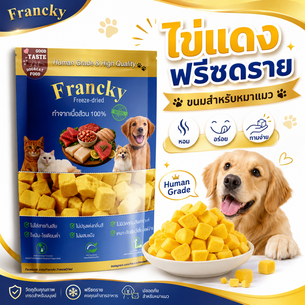 [ตัวช่วยฟื้นฟูขนสวย] ไข่แดงฟรีซดรายแท้ 70g. Francky ไม่ผสมแป้ง ไม่ปรุงรส ของสุนัขและแมว โปรตีนสูง
