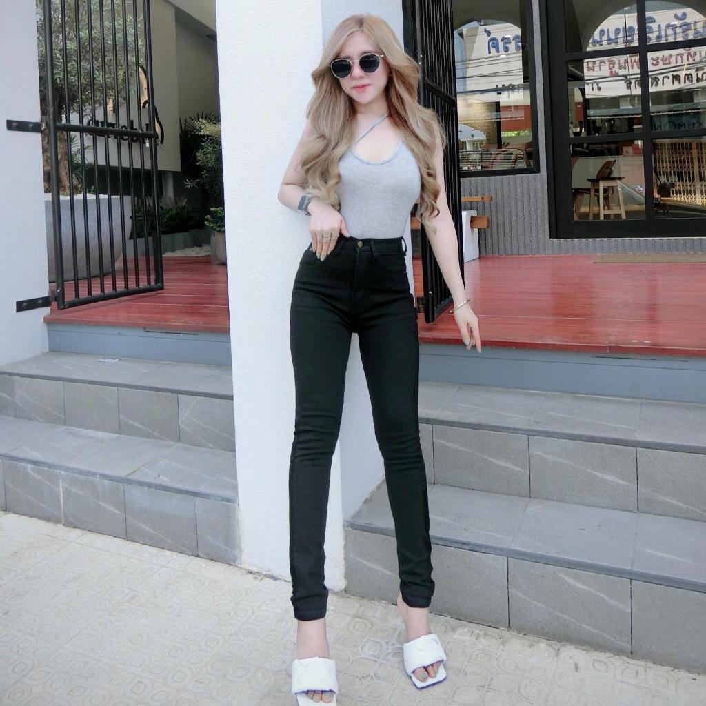 Cc jeans 009 กางเกงยีนส์เอวสูง ทรงเดฟ ยืด สีดำ