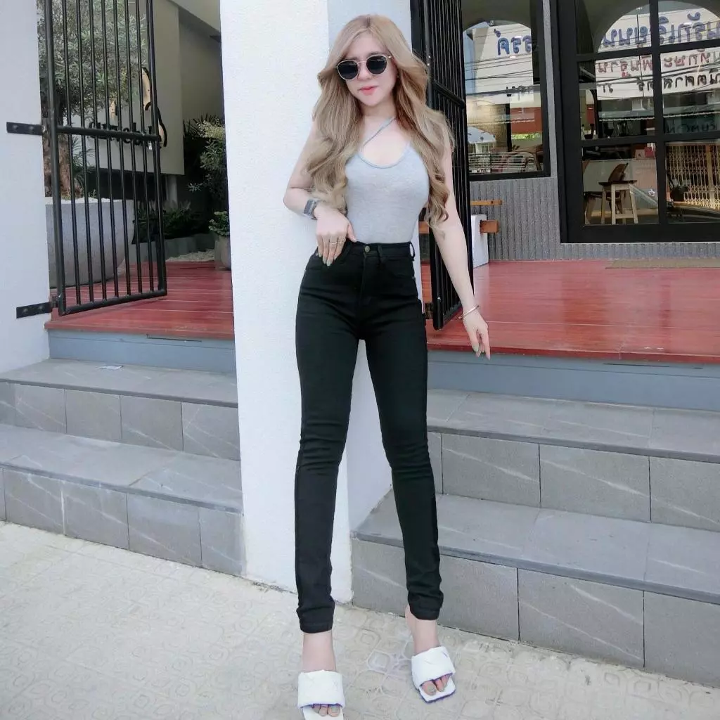 Cc jeans 009 กางเกงยีนส์เอวสูง ทรงเดฟ ยืด สีดำ