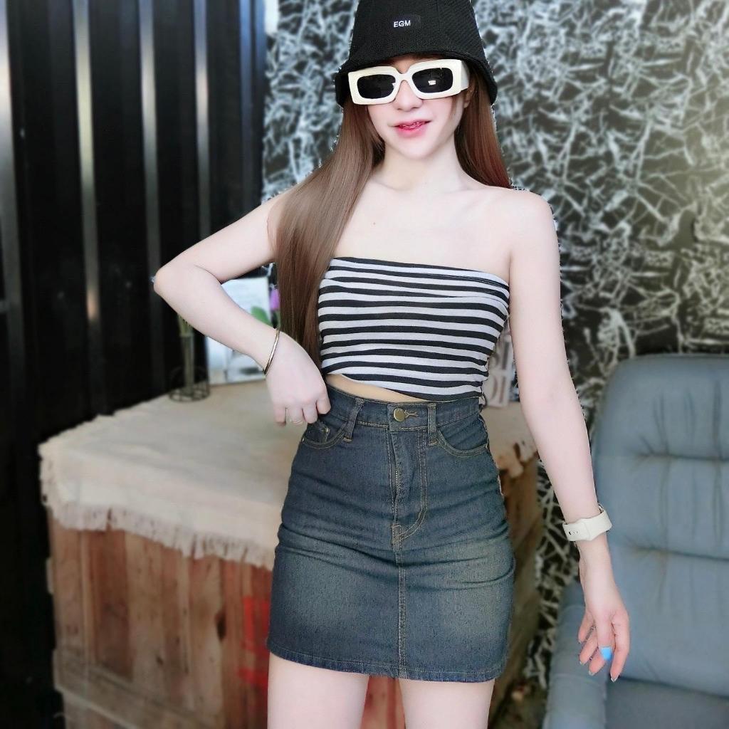 Cc jeans 166 140 กระโปรงยีนส์สั้น เอวสูง ยืด
