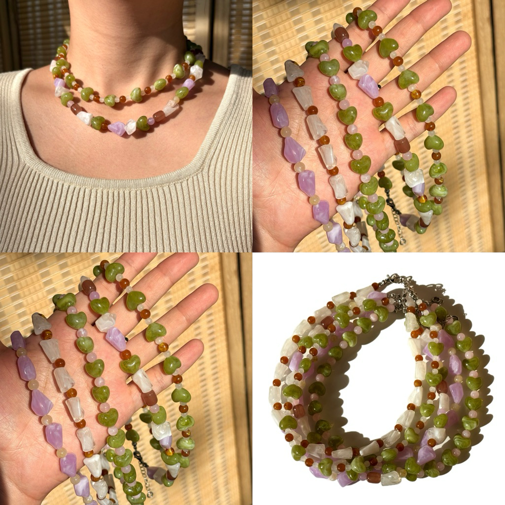 Piing me Necklace | สร้อยคอลูกปัดหินเทียมรูปทรงต่างๆโทนสีเขียวน้ำตาลม่วงขาว