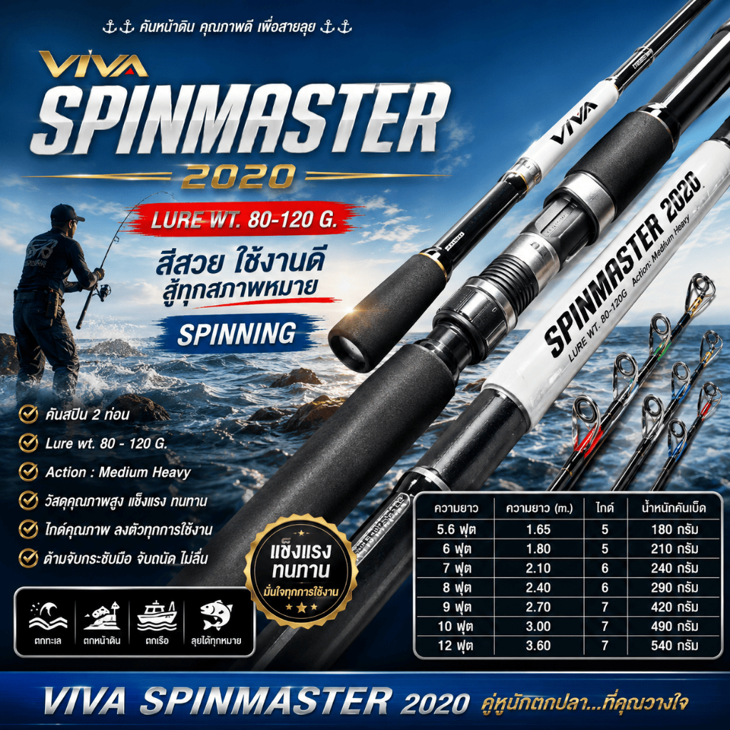 [ ของแท้ ]  คันเบ็ดตกปลา คันหน้าดิน ความยาว 12 ฟุต Viva Spinmaster Lure wt. 80-120 g สีสวย ใช้งานดี 
