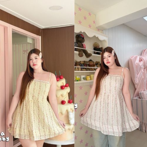 Lace Blossom - มินิเดรสสายเดี่ยวผ้าฉลุลายดอกไม้ อกฟรีไซส์ 38-50 นิ้ว ลุคสาวหวานสุดๆ ชุดสาวอวบ