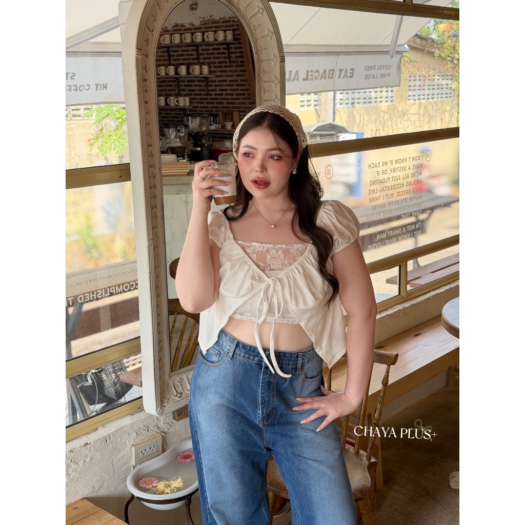 Rose Crop - เสื้อครอปซับในลูกไม้กุหลาบ ดีเทลผูกโบว์หน้าสุดจึ้ง อก 40-52 นิ้ว เสื้อสาวอวบ