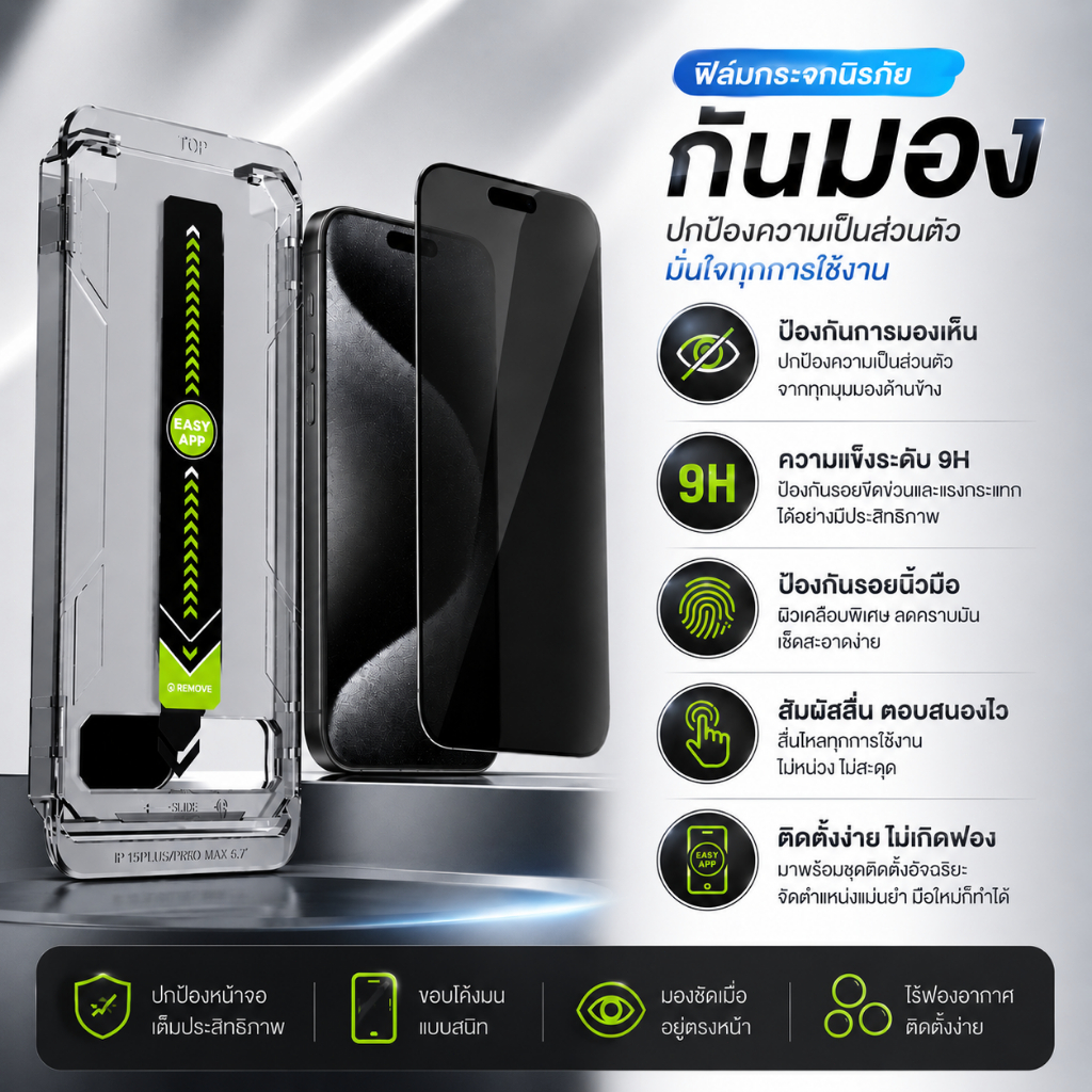 ฟิล์มกันมอง iPhone 13-17 Pro Max Privacy 25° กันแอบมอง 9H ติดง่าย ไม่เป็นฟอง ลื่นไม่สะดุด ป้องกันรอยเต็มจอ HD ชัดทุกมุม