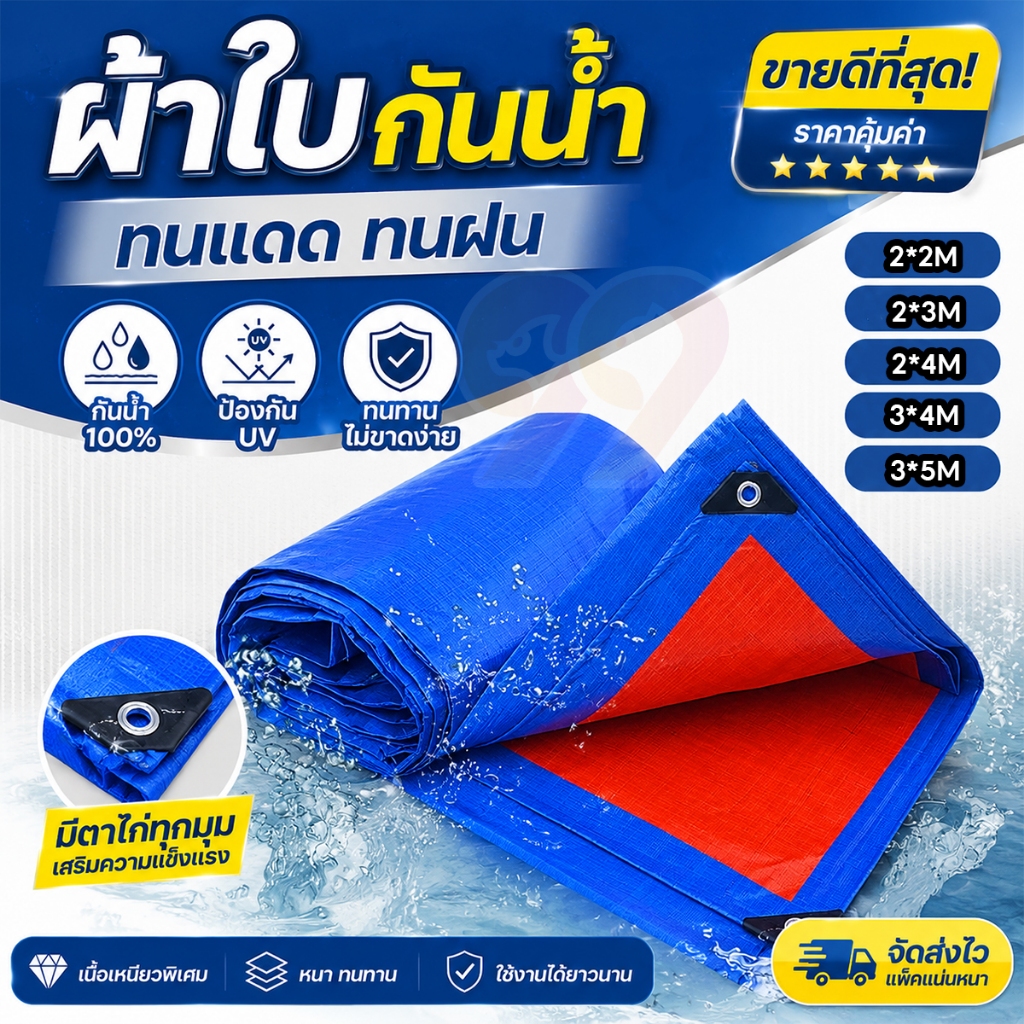 ผ้าใบกันสาด ผ้าใบกันน้ำ กันสาด ผ้าใบกันฝน ผ้าใบกันแดด คลุมรถ อเนกประสงค์ 2x2 2x3 2x4 3x4 3x5m เมตร ด