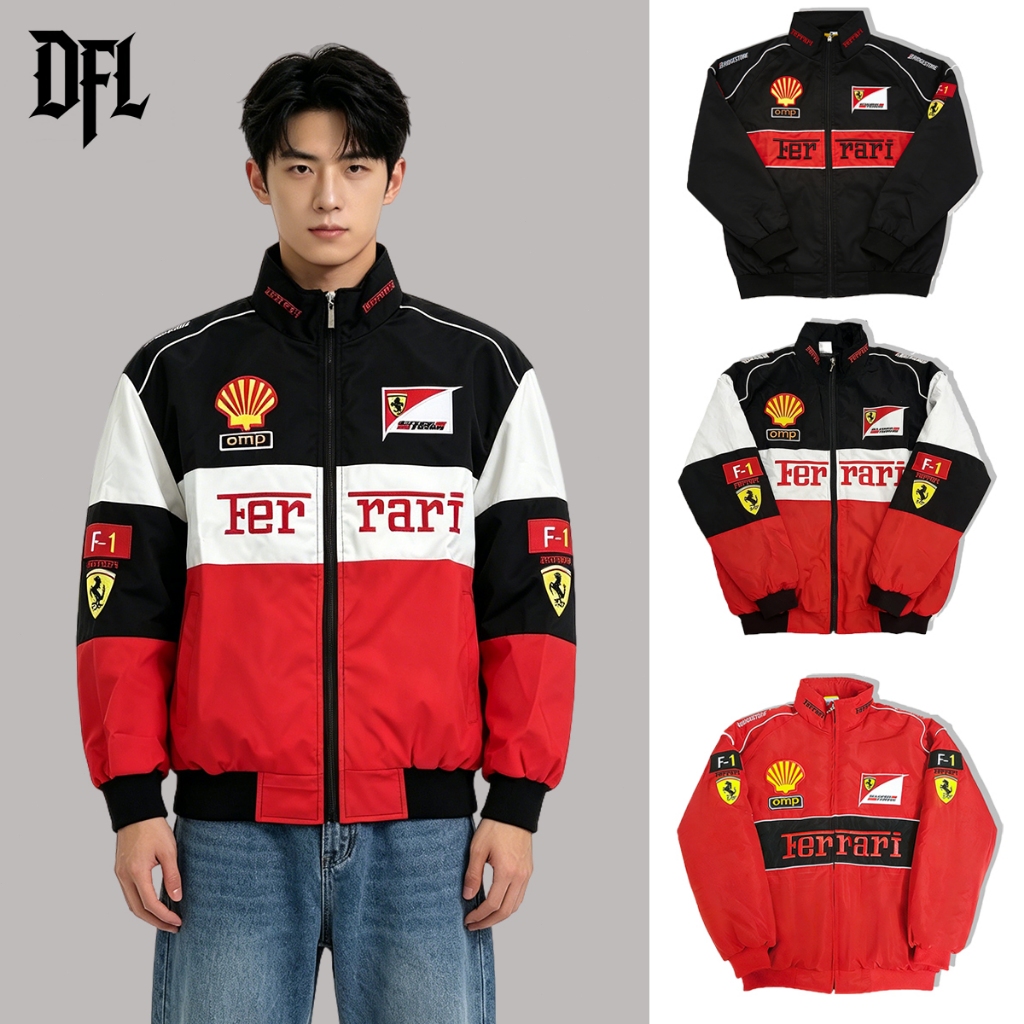Ferrari F1 เสื้อแจ็กเก็ตแข่งรถ วินเทจ แขนยาว สำหรับผู้ชาย ปักลาย (ไม่ใช่สกรีน) มีซิป แจ็คเก็ตเนื้อผ้า2ชั้น ไม่บุผ้าหนา