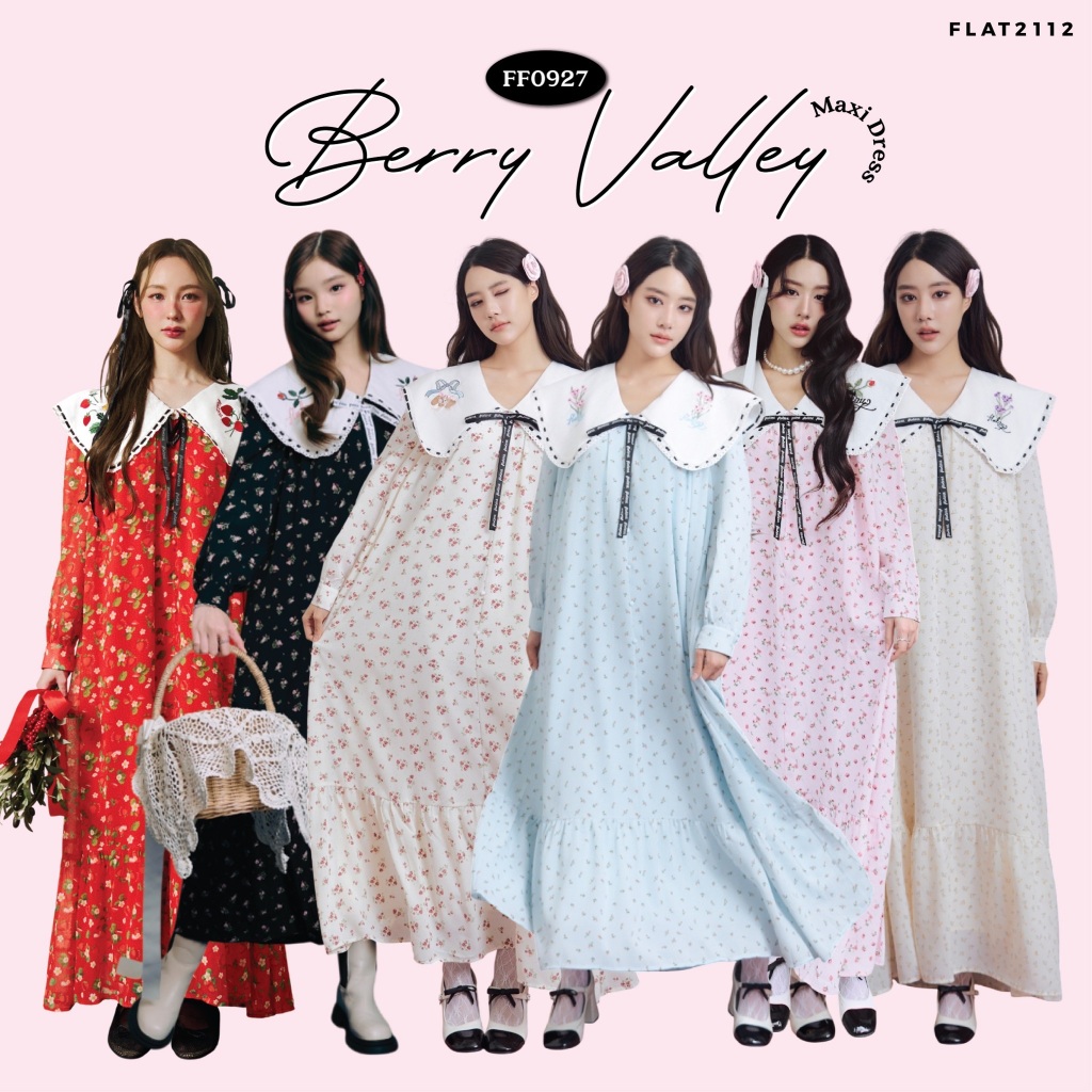 FLAT2112 : BERRY VALLEY MAXI DRESS เดรสยาว แขนยาว ชุดเดรสยาว ลายดอกไม้ เดรสออกงาน (FF0927)