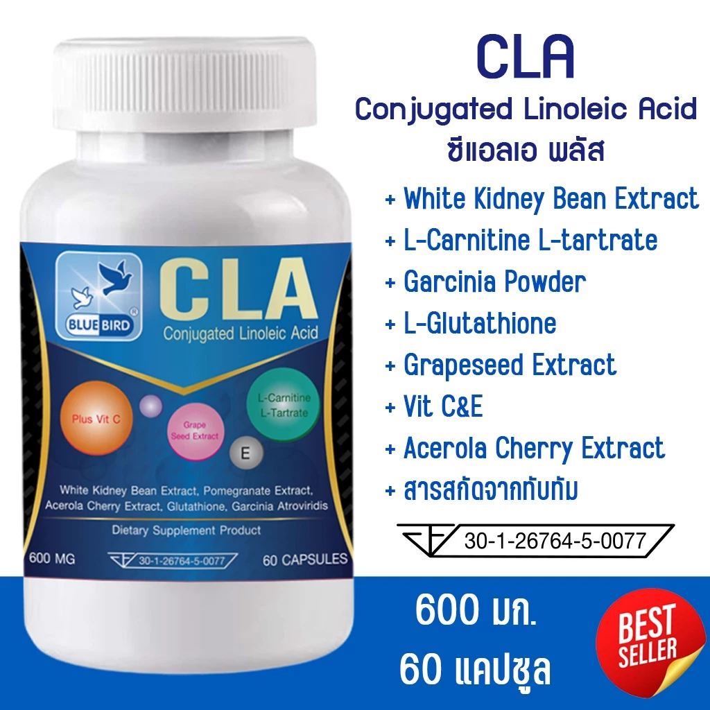 ซีแอลเอ CLA Conjugated Linoleic Acid Plus L-carnitine ตรา บลูเบิร์ด 60 เม็ด