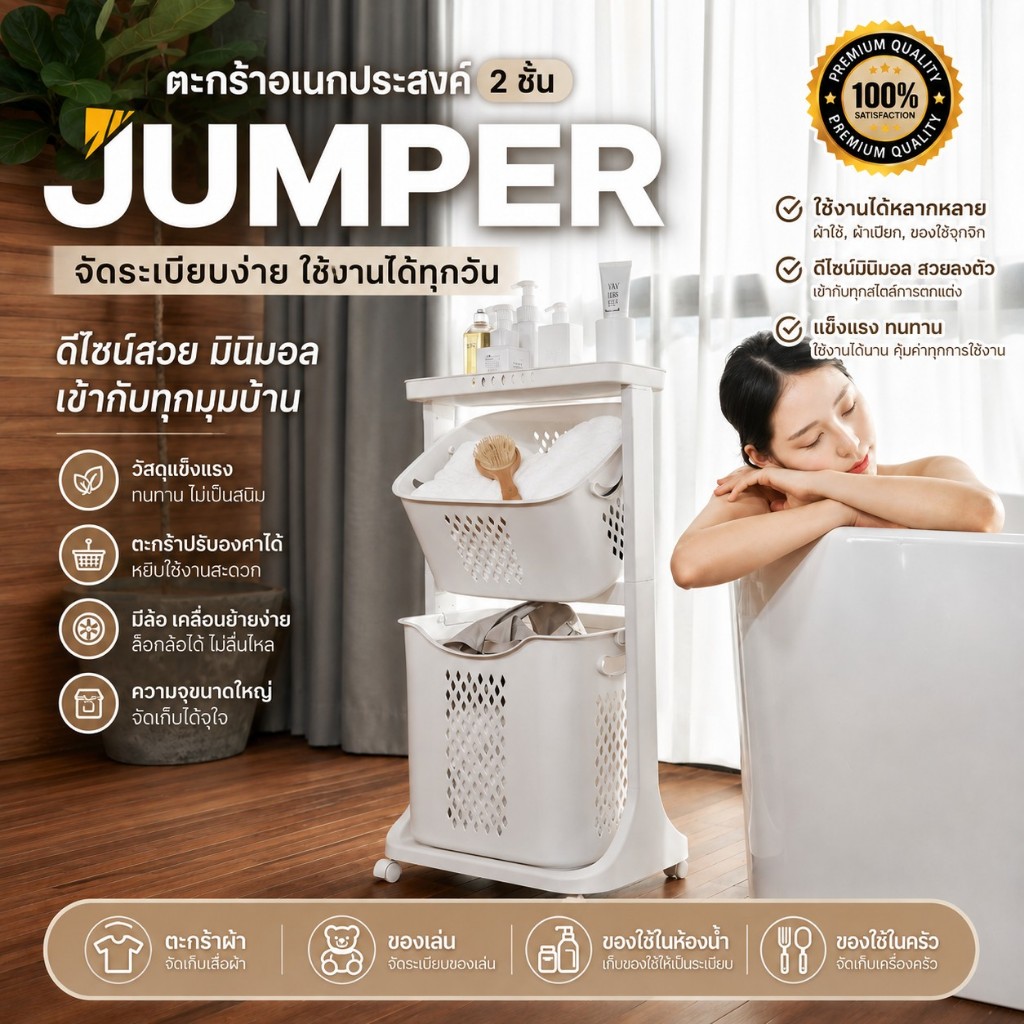 Jumper Kids ตะกร้าอเนกประสงค์ 2 ชั้น มีล้อ วัสดุแข็งแรงทนทาน พร้อมตะกร้าปรับองศา (สีขาว)