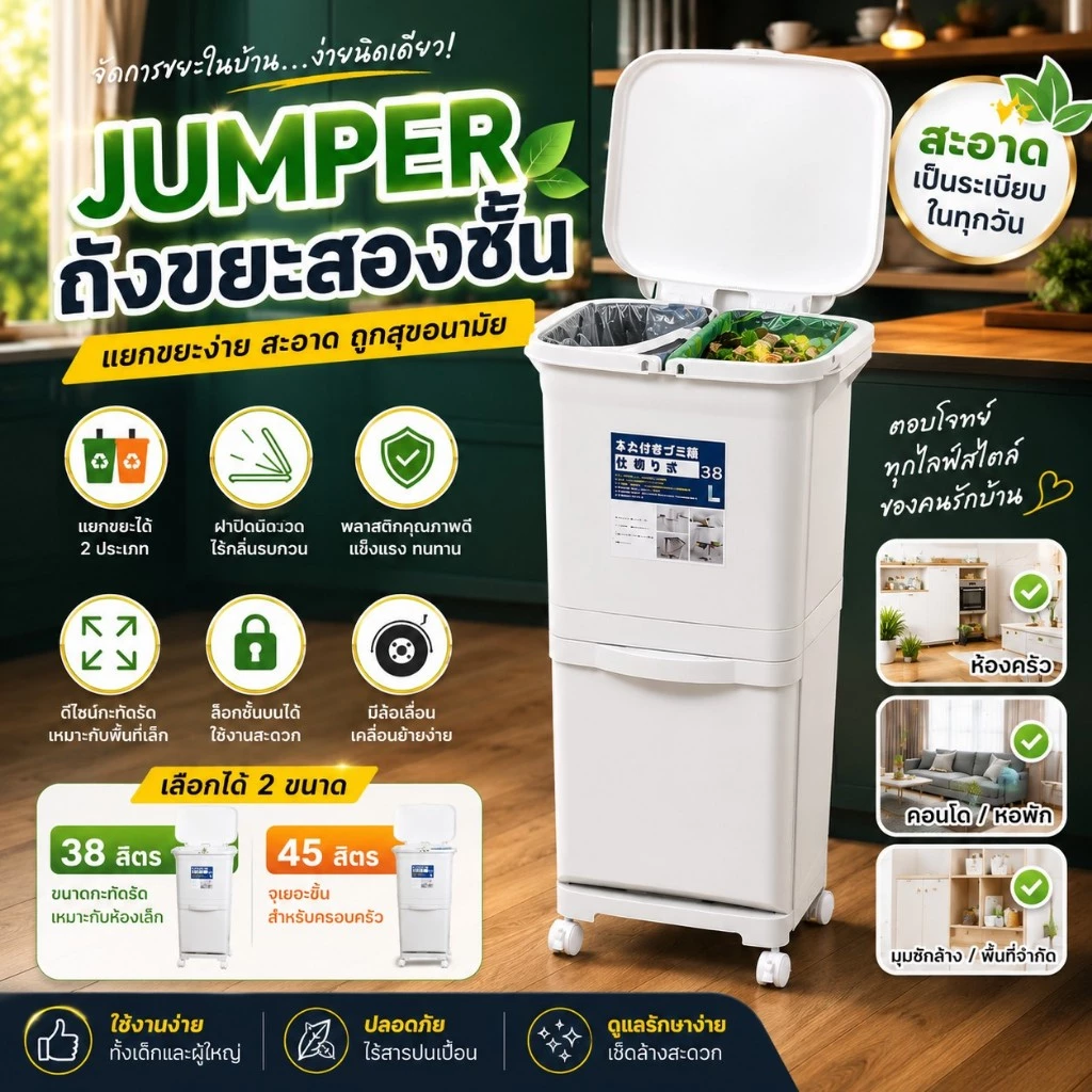 Jumper Kids ถังขยะ สองชั้น สำหรับห้องครัว มีฝาปิด พร้อมล้อเลื่อน เหมาะสำหรับพื้นที่ขนาดเล็กแยกขยะได้