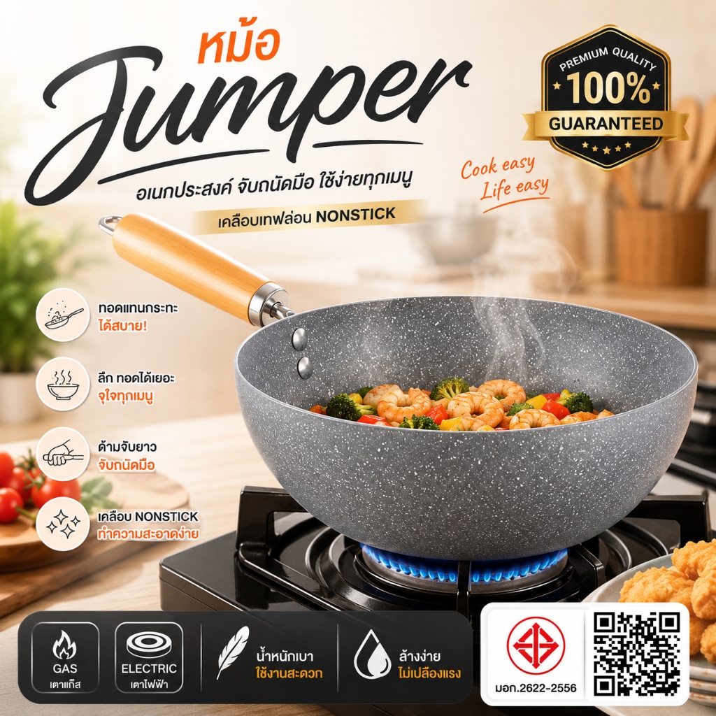Jumper หม้อ กระทะ สีเทา มีมอก. เคลือบเทฟล่อน nonstick อุ่น ต้ม ทอดได้ เตาแก๊สและไฟฟ้า รุ่น ECO