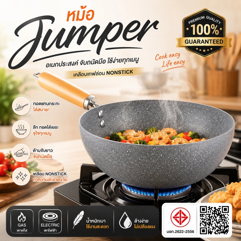 Jumper หม้อ กระทะ สีเทา มีมอก. เคลือบเทฟล่อน nonstick อุ่น ต้ม ทอดได้ เตาแก๊สและไฟฟ้า รุ่น ECO