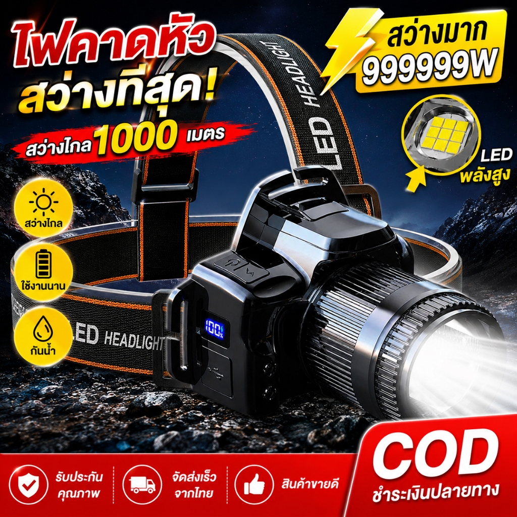 ไฟฉายคาดหัวแรงสูง LED กันน้ำ แสงสว่างไกล ใช้งานได้ยาวนานไฟฉาย อุปกรณ์ให้แสงสว่าง ไฟฉายคาดศีรษะไฟฉายคาดศีรษะแบบซูม