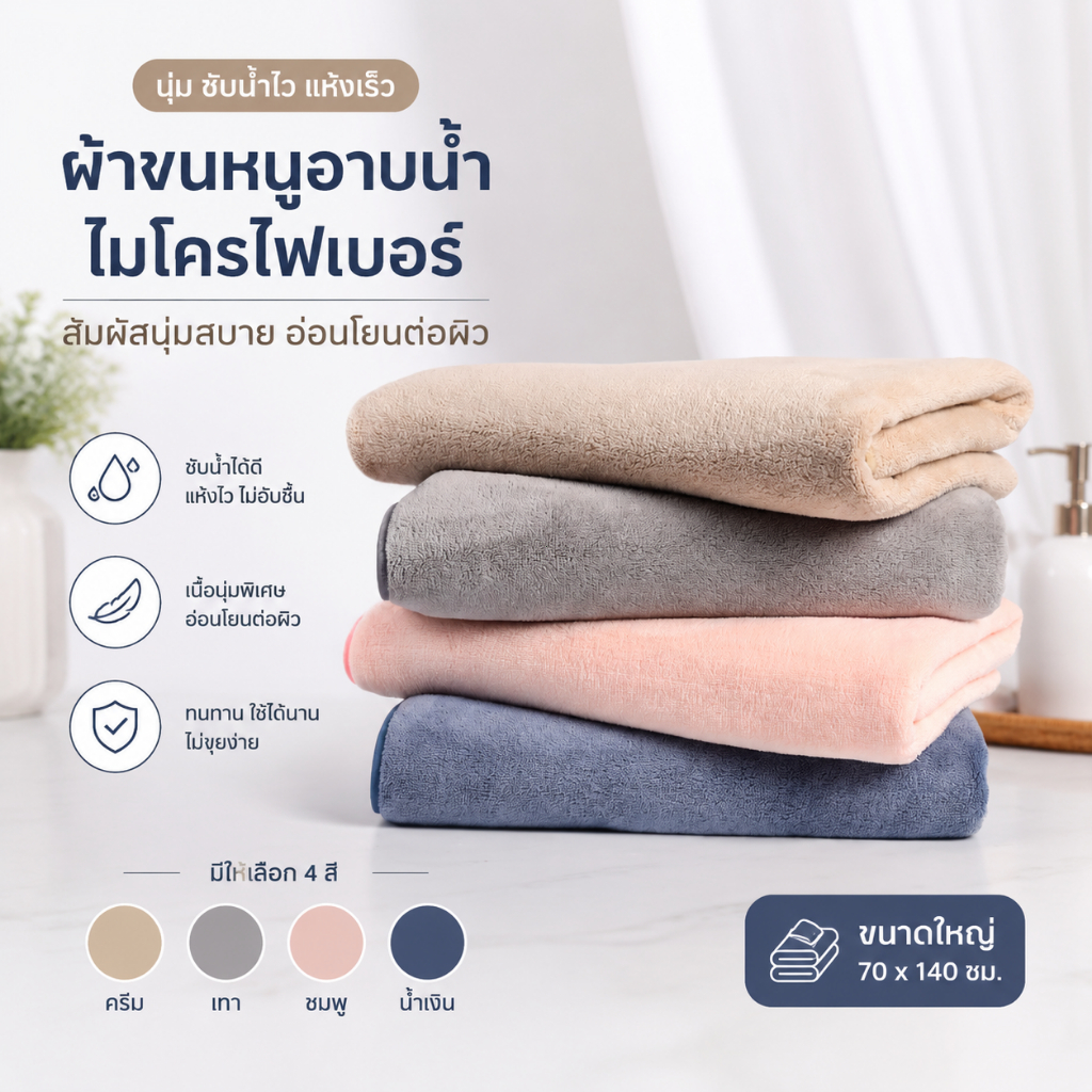 ผ้าเช็ดตัวอาวอร์ไซส์ 70x140 ซม. ซับน้ำดีเยี่ยม แห้งเร็ว นุ่มระดับพรีเมียม ระบายอากาศได้