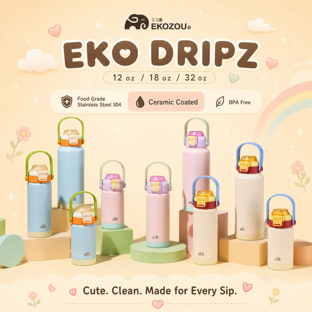 EKO DRIPZ แก้วน้ำสแตนเลส 304 เคลือบเซรามิก ขนาด 12/18/32 ออนซ์ ฝาเปิด 2 ชั้น หลอดดูด กระดกดื่มได้