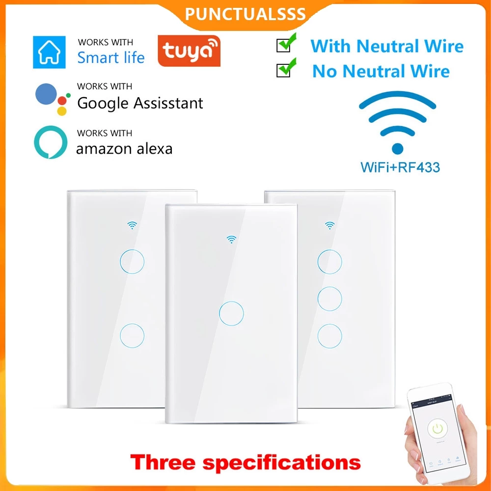Tuya สวิตช์ติดผนัง Wi-Fi ควบคุมผ่านแอปและเสียง ปรับความสว่างแบ็คไลท์ได้ รุ่น 1ช่อง 2ช่อง 3ช่อง