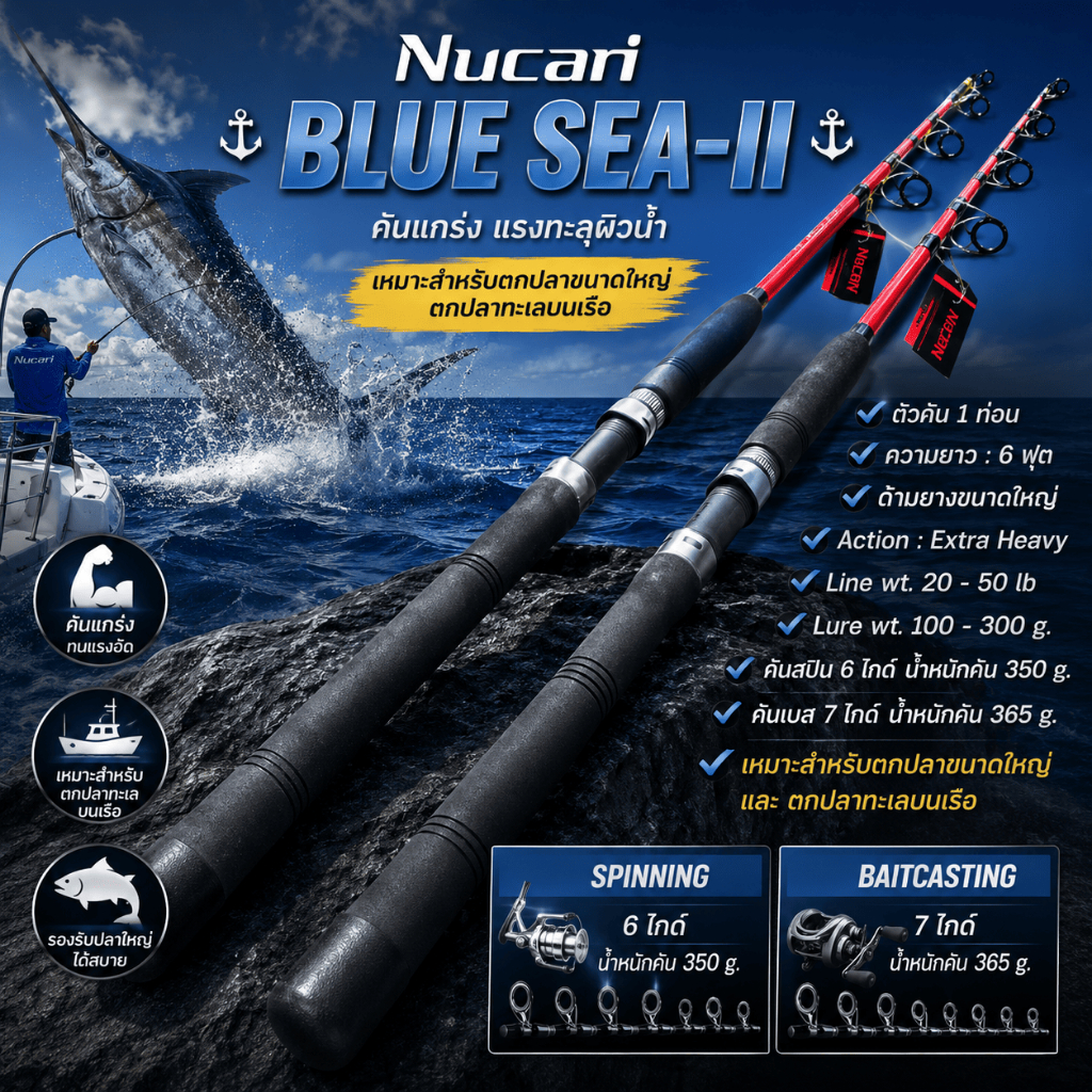 [ ของแท้ ] คันเบ็ดตกปลาทะเล Nucari Blue Sea-II Line wt. 20-50 lb เหมาะสำหรับตกปลาขนาดใหญ่ ตกปลาทะเลบนเรือ