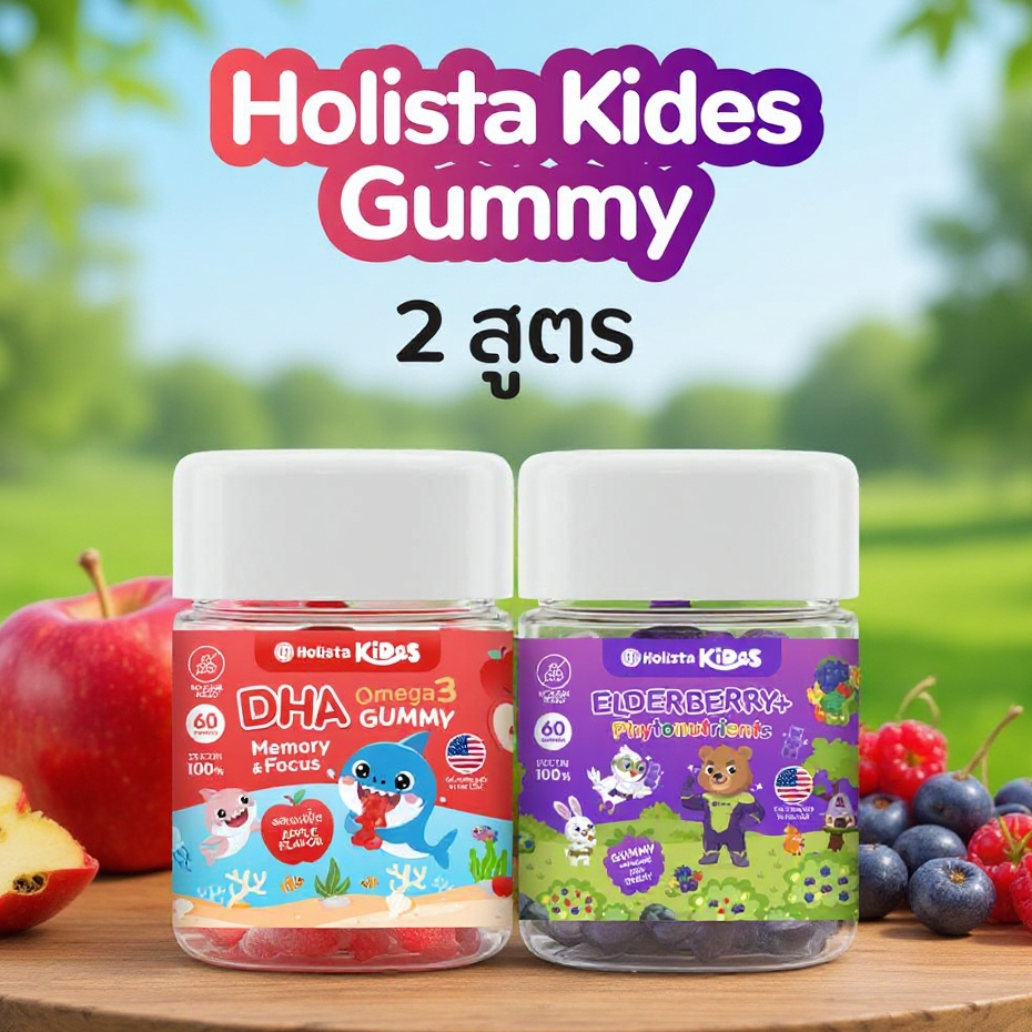 สูตร DHA 1 กระปุก + สูตร ELDERBERRY 1 กระปุก Holista Kides Gummy | กระปุกละ 60 กัมมี่