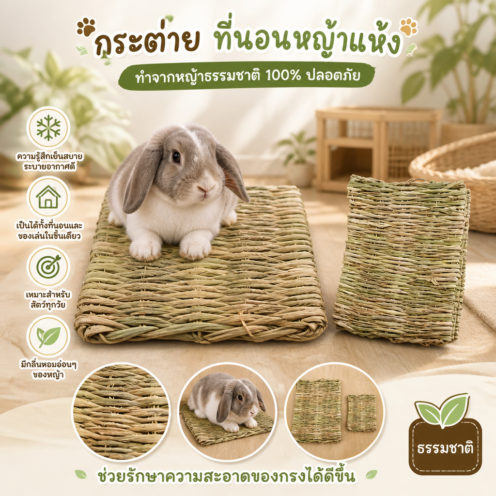 🌿🐰ที่นอนหญ้าแห้ง เสื่อหญ้า รองพื้นกรง ของเล่นลับฟัน หญ้าธรรมชาติ ปลอดสารเคมี สำหรับกระต่าย หนูตะเภา
